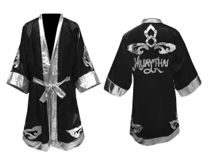 Kanong Custom Boxing Fight Robe : Black-Silver Lai Thai